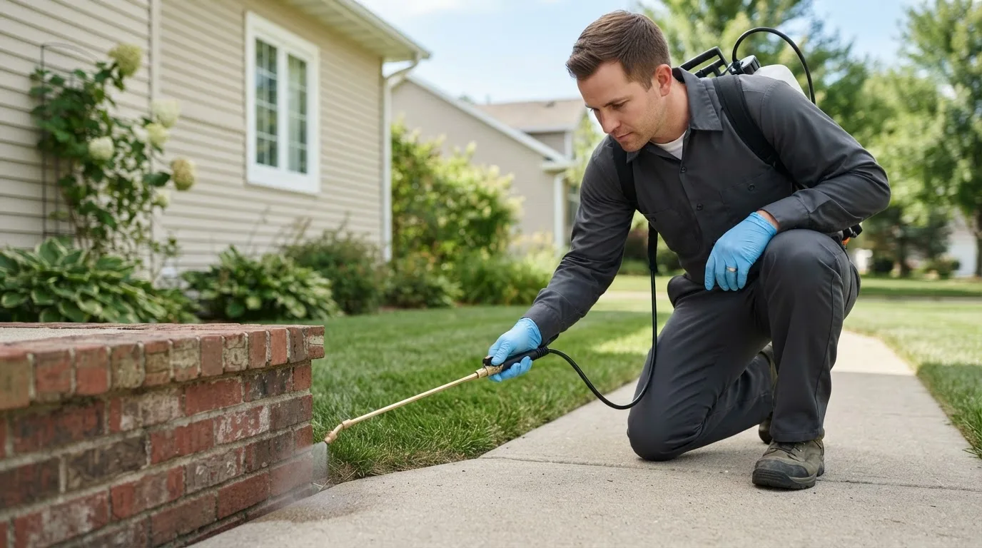Pest control technician treating a home near Bucyrus, KS